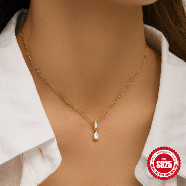 925 sterling silver diamond tiny drop pendant necklace