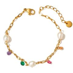 Creative colorful cubic zircon pearl charm stainless steel anklet