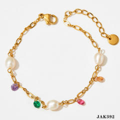 Creative colorful cubic zircon pearl charm stainless steel anklet
