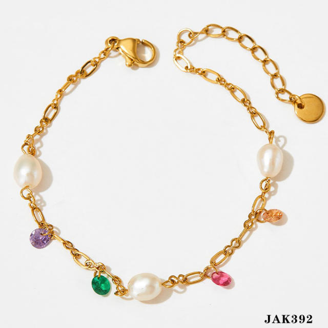 Creative colorful cubic zircon pearl charm stainless steel anklet