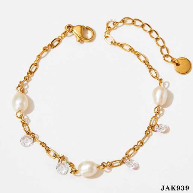Creative colorful cubic zircon pearl charm stainless steel anklet
