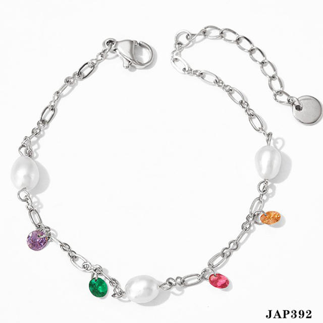 Creative colorful cubic zircon pearl charm stainless steel anklet