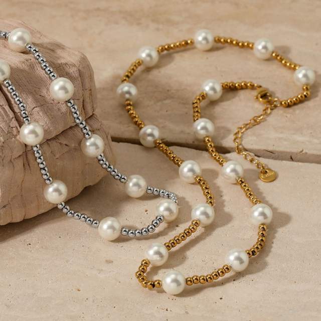 Elegant pearl bead stainless steel bead choker necklace