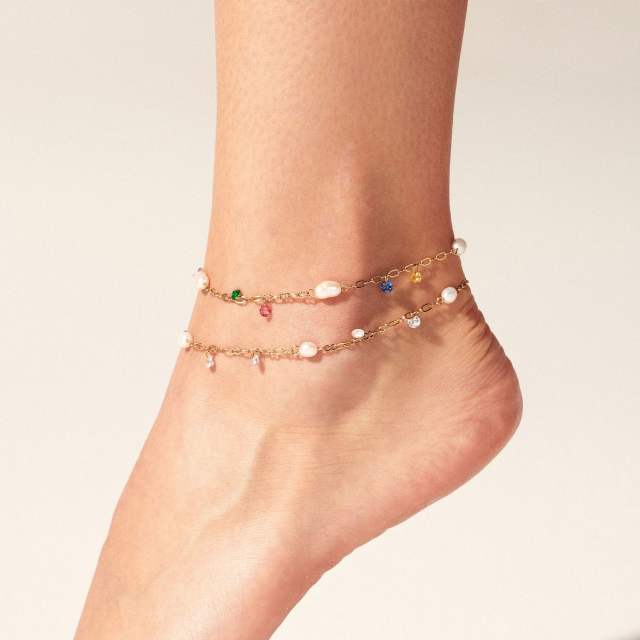 Creative colorful cubic zircon pearl charm stainless steel anklet