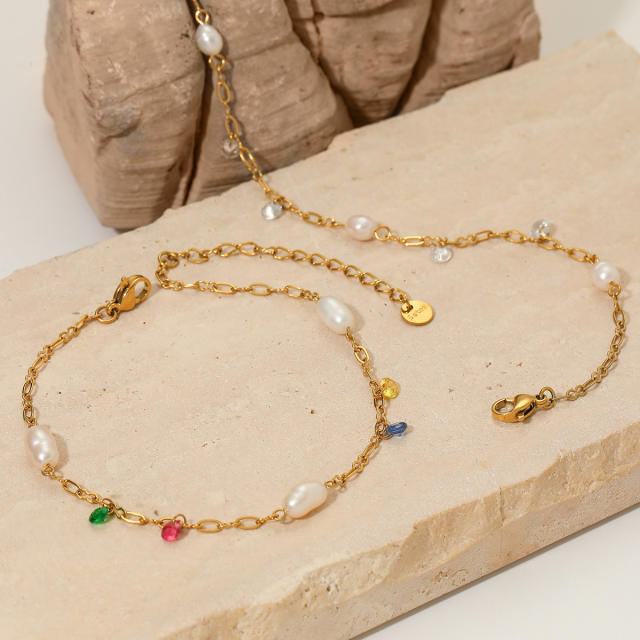 Creative colorful cubic zircon pearl charm stainless steel anklet