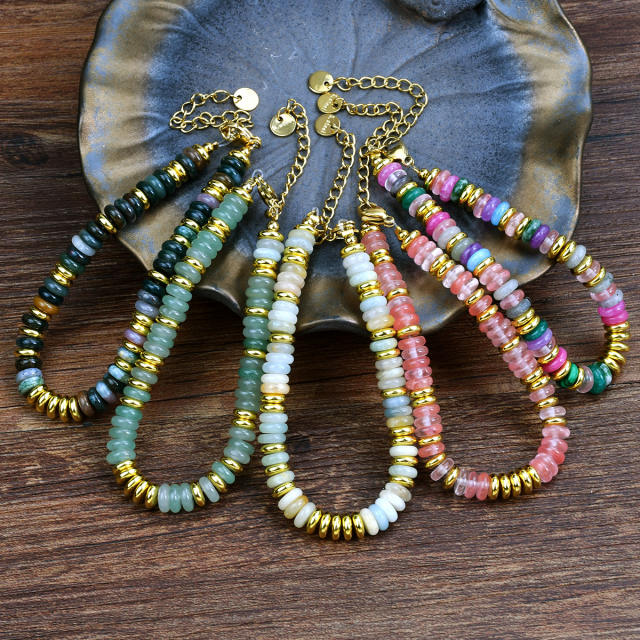 Boho colorful natural stone agate bead stainless steel bead bracelet
