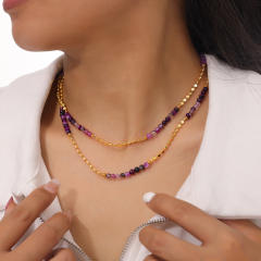 Boho natural stone Purple Agate bead copper bead necklace