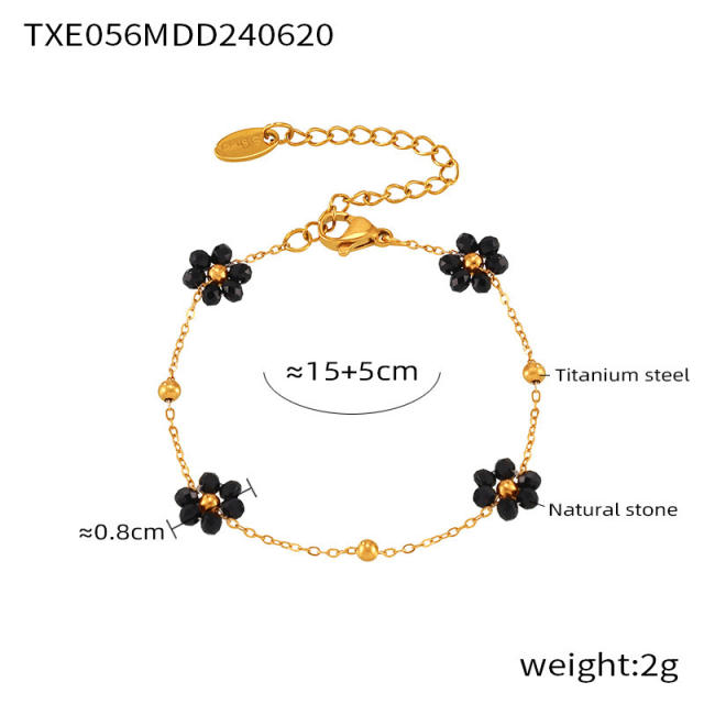 18KG black bead daisy flower stainless steel necklace bracelet set