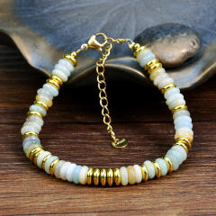 Boho colorful natural stone agate bead stainless steel bead bracelet