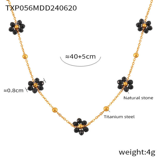 18KG black bead daisy flower stainless steel necklace bracelet set