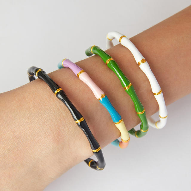 Summer color enamel bamboo stainless steel cuff bangle