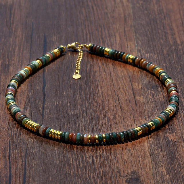 Creative boho colorful natural stone bead stainless steel bead necklace for women