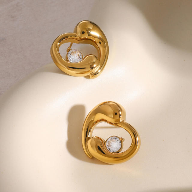 18KG chunky heart cubic zircon hollow out stainless steel earrings