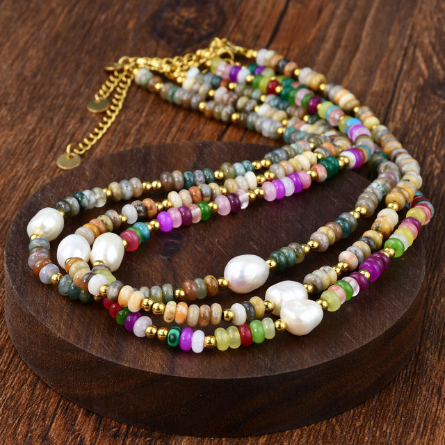Summer colorful natural stone bead pearl bead choker necklace for women