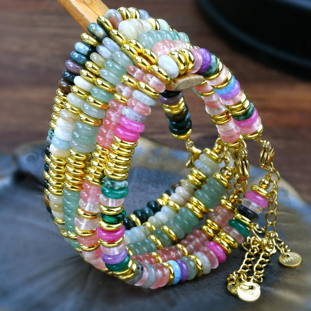 Boho colorful natural stone agate bead stainless steel bead bracelet