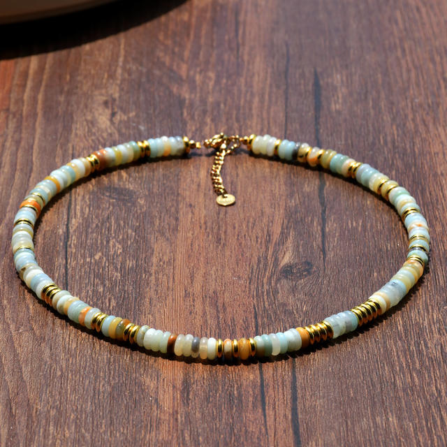 Creative boho colorful natural stone bead stainless steel bead necklace for women