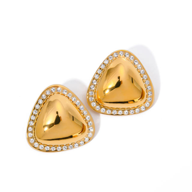 18KG Unique chunky triangle shape rhinestone stainless steel earrings