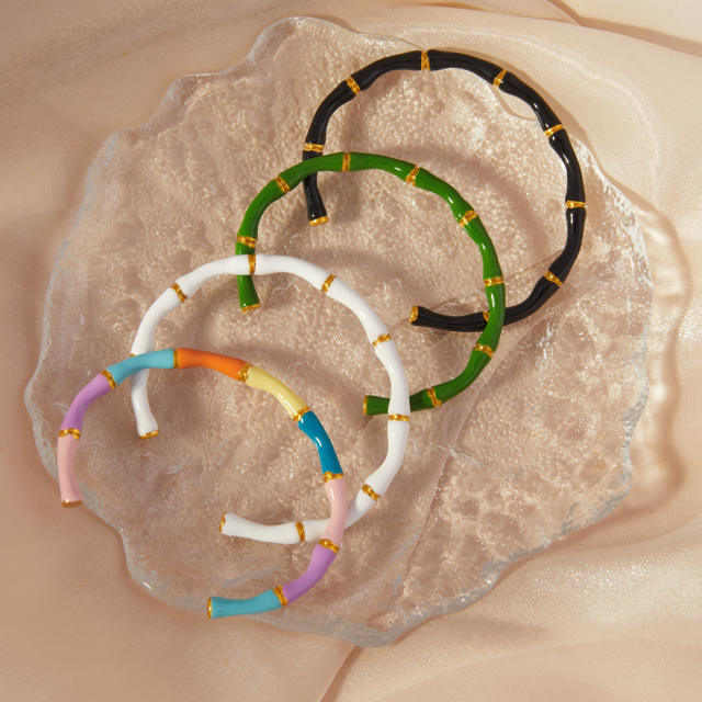 Summer color enamel bamboo stainless steel cuff bangle