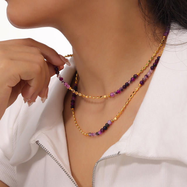 Boho natural stone Purple Agate bead copper bead necklace