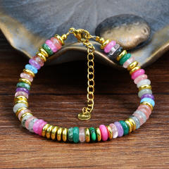 Boho colorful natural stone agate bead stainless steel bead bracelet