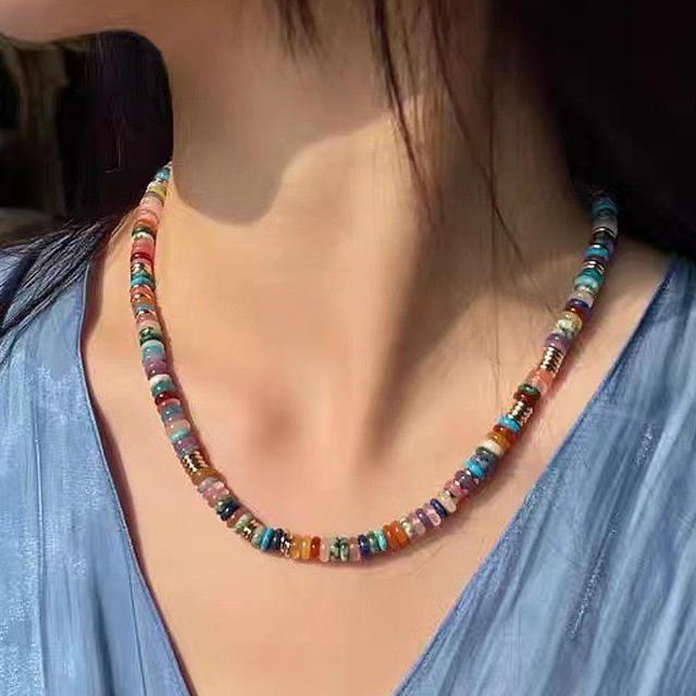 Creative boho colorful natural stone bead stainless steel bead necklace for women