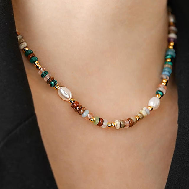Summer colorful natural stone bead pearl bead choker necklace for women