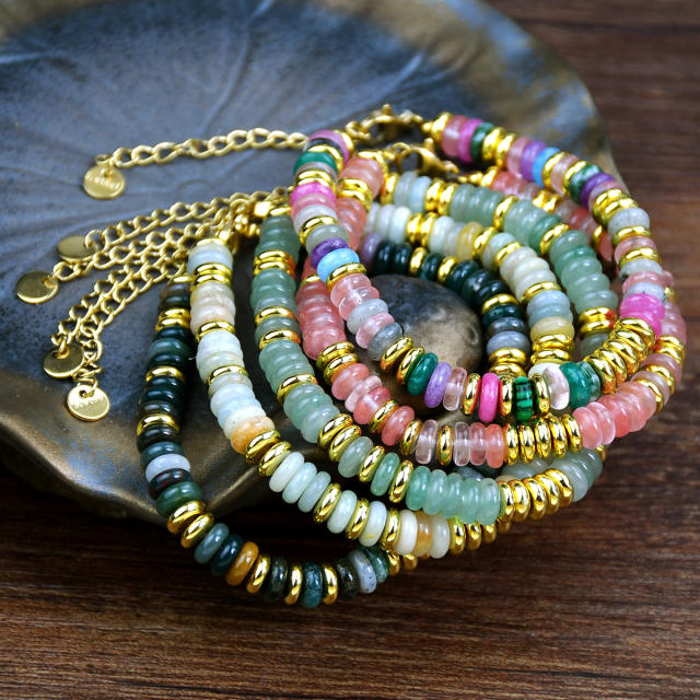 Boho colorful natural stone agate bead stainless steel bead bracelet