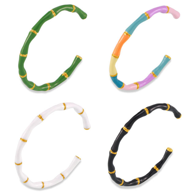 Summer color enamel bamboo stainless steel cuff bangle