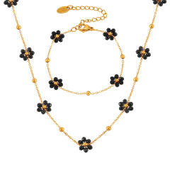 18KG black bead daisy flower stainless steel necklace bracelet set