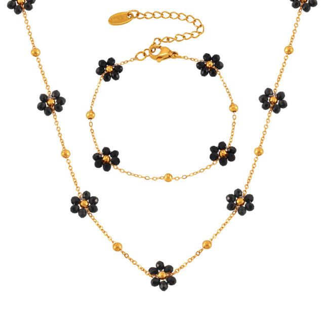 18KG black bead daisy flower stainless steel necklace bracelet set