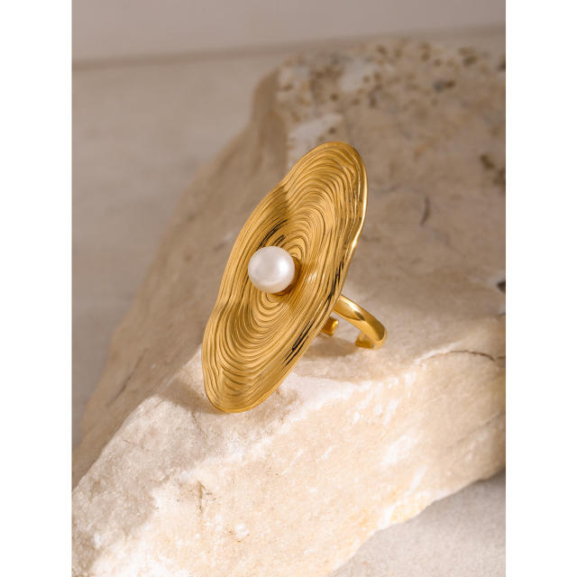 18KG chunky oval shape pearl bead stainless steel finger rings
