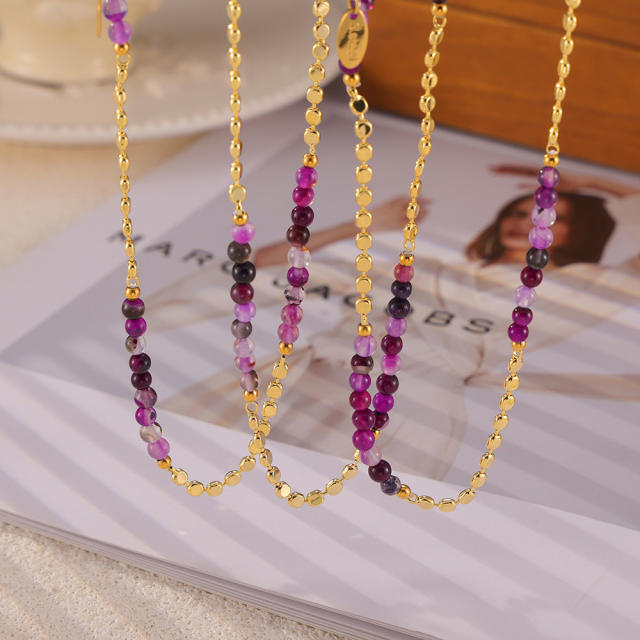 Boho natural stone Purple Agate bead copper bead necklace