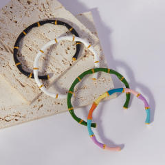 Summer color enamel bamboo stainless steel cuff bangle