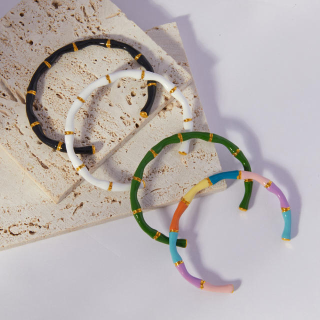 Summer color enamel bamboo stainless steel cuff bangle