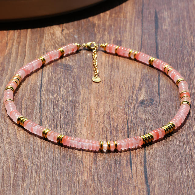Creative boho colorful natural stone bead stainless steel bead necklace for women