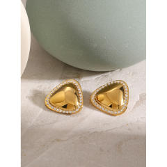 18KG Unique chunky triangle shape rhinestone stainless steel earrings