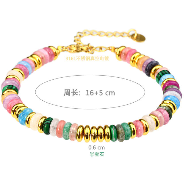 Boho colorful natural stone agate bead stainless steel bead bracelet
