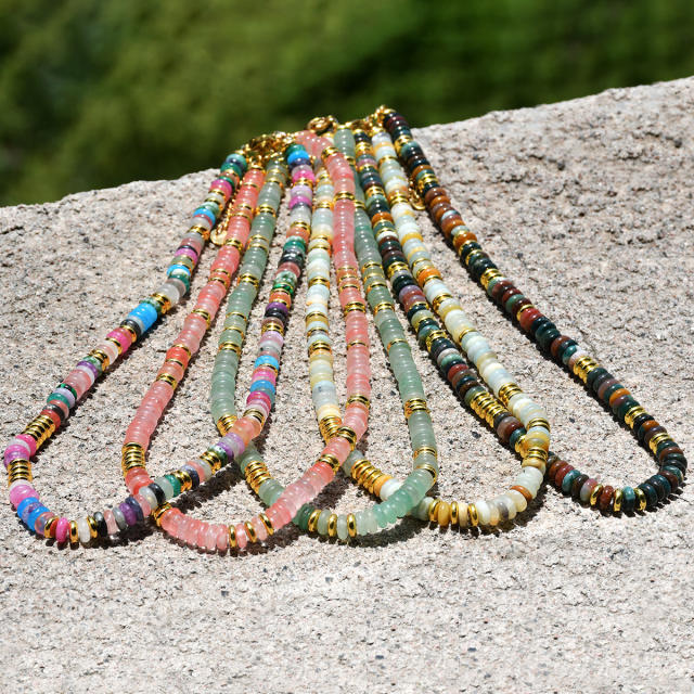 Creative boho colorful natural stone bead stainless steel bead necklace for women