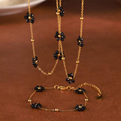 18KG black bead daisy flower stainless steel necklace bracelet set