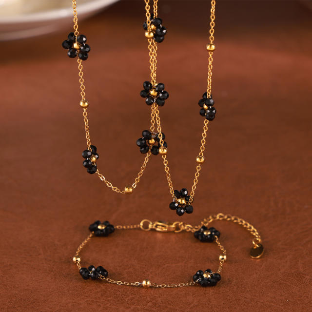 18KG black bead daisy flower stainless steel necklace bracelet set