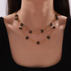 18KG black bead daisy flower stainless steel necklace bracelet set