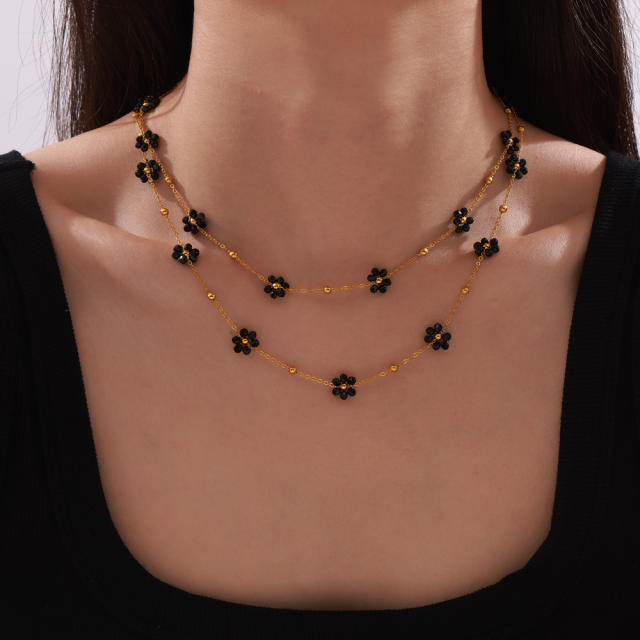 18KG black bead daisy flower stainless steel necklace bracelet set
