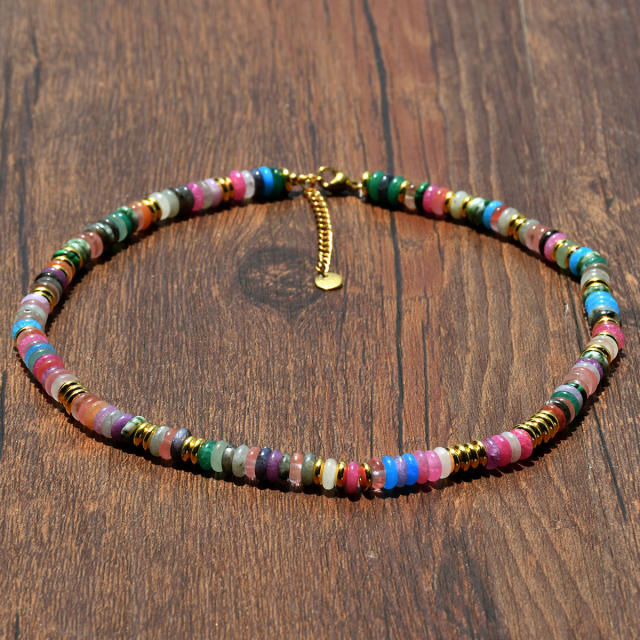 Creative boho colorful natural stone bead stainless steel bead necklace for women