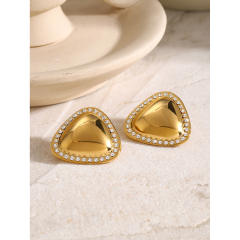 18KG Unique chunky triangle shape rhinestone stainless steel earrings