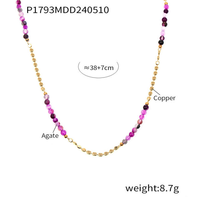 Boho natural stone Purple Agate bead copper bead necklace