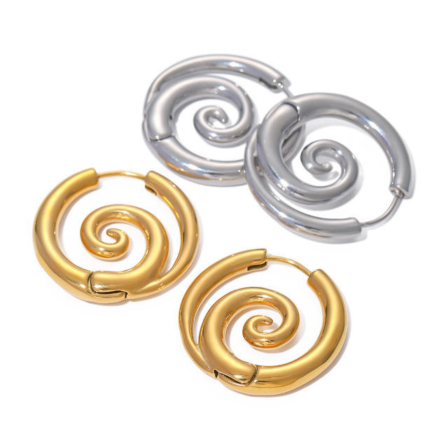 18KG sunmmer sprial circle design stainless steel earrings hoop earrings