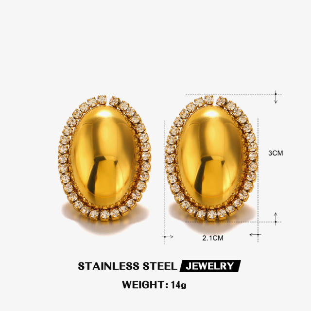 Chunky oval shape diamond stainless steel studs earrings