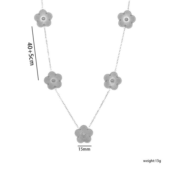 Concise laser plum blossoom gold silver color stainless steel necklace set