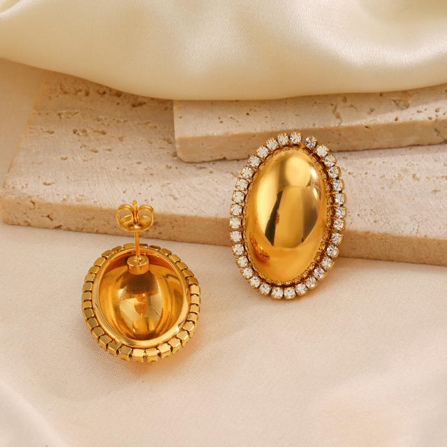 Chunky oval shape diamond stainless steel studs earrings