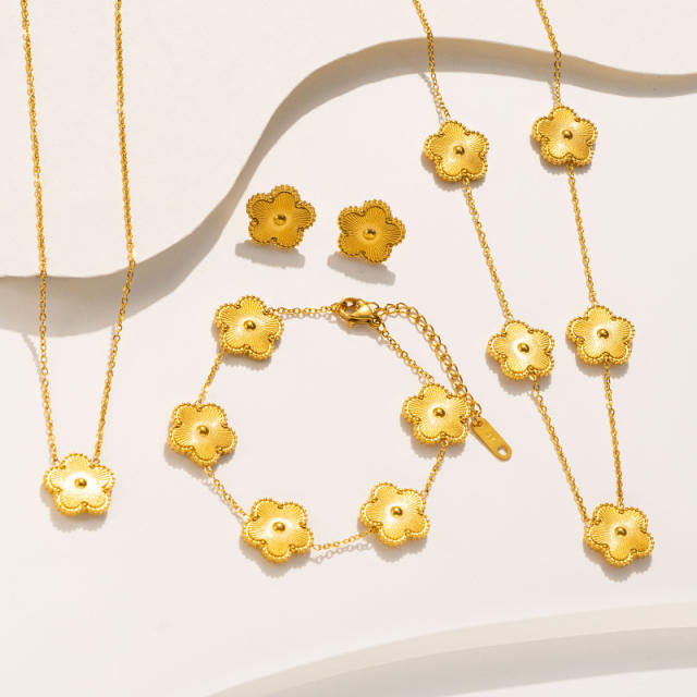 Concise laser plum blossoom gold silver color stainless steel necklace set